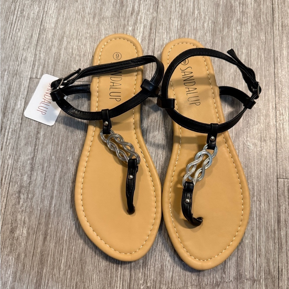 SANDALUP Thong Flat Sandals with Ring Metal and Adjustable Ankle Buckle Black - Picture 7 of 9
